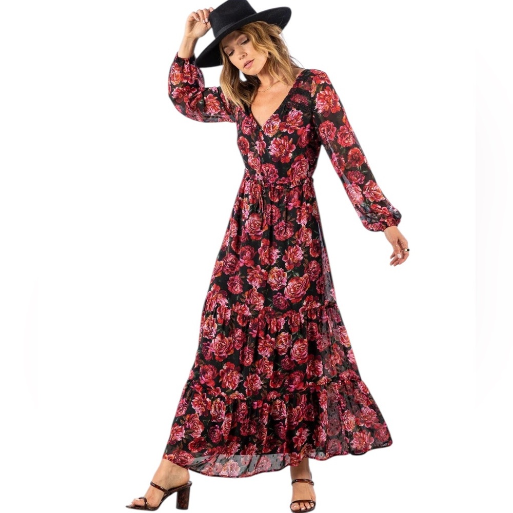 Love stitch Dark Floral Maxi Dress NEW Sz S Ruffled Hem Feminine Bohemian Retro